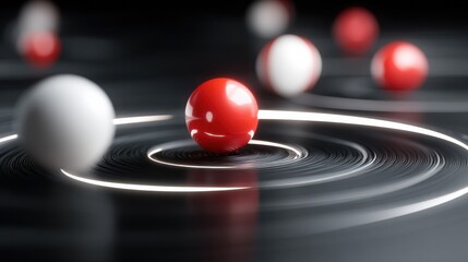 abstract metallic rings with red and white spheres, futuristic design