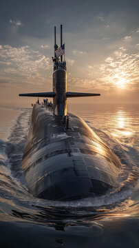 Us navy ohio-class ballistic missile submarine navigating at sunset