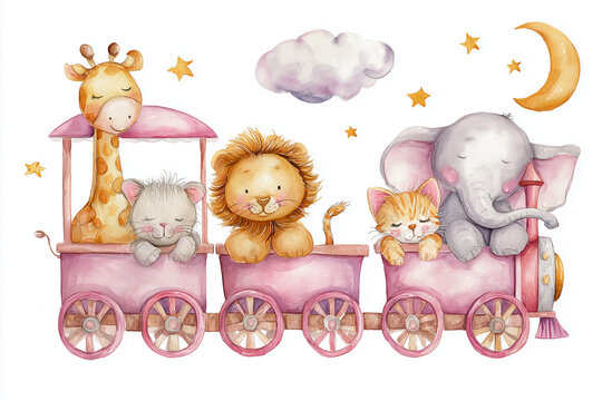 Cute animals traveling by train at night: watercolor illustration