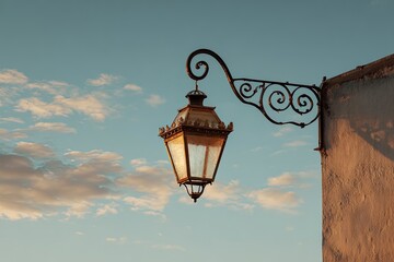 Ornate lamp illuminates wall corner under serene sky, used in travel ads, web sites