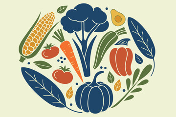 A circular arrangement of stylized vegetables and leaves in muted colors on a cream background food healthy