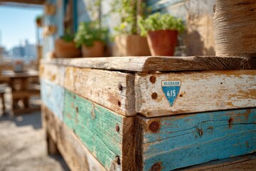 Rustic Wooden Planter Box with Vibrant Teal and Earthy Tones, Sunlit Urban Garden Setting, Perfect for Home Decor or Floral Arrangement in Depressed Cityscape