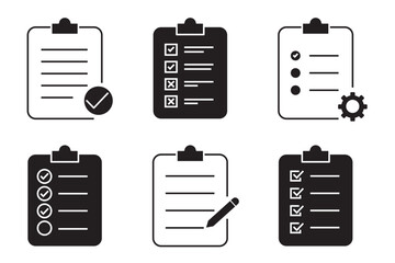 Checklist, survey or report editable stroke outline icon isolated on white background flat set of a vector illustration. Black Color. Checklist icon. Clipboard icon. Eps 10