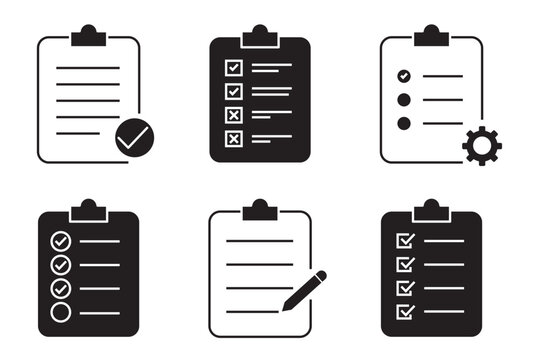 Checklist, survey or report editable stroke outline icon isolated on white background flat set of a vector illustration. Black Color. Checklist icon. Clipboard icon. Eps 10