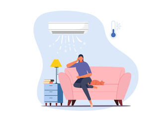Woman sitting on sofa with cat under air conditioner. Vector illustrator stock illustration
