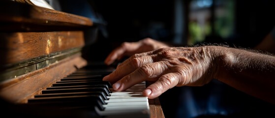 Elderly Hands Playing Piano Closeup on Keys and Wrinkles.