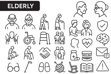 Elderly icon set featuring a variety of representations including mobility aids, hearing aids, glasses, caregiving, health, and social interaction, focused on the elderly and their needs