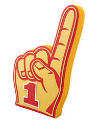 Excited fan celebrates victory with iconic foam finger, showing number one support and winning spirit