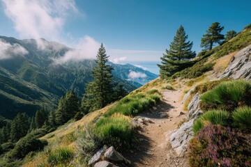 Obraz premium Scenic Mountain Trail Overlooking Coastal Landscape with Lush Greenery and Rolling Hills Under a Bright Blue Sky and Soft Clouds