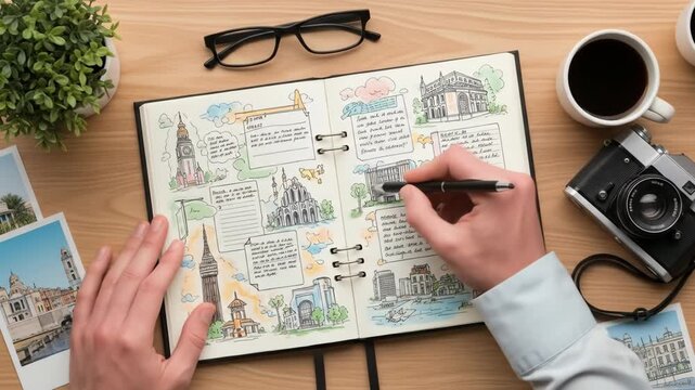 Overhead shot of a persons hands interacting with open notebook containing architectural sketches with coffee camera and glasses arranged on a wooden table
