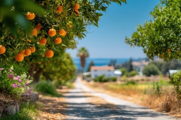 Scenic pathway lined with orange trees, showcasing vibrant fruit against a serene landscape with distant homes and palm trees under a clear blue sky