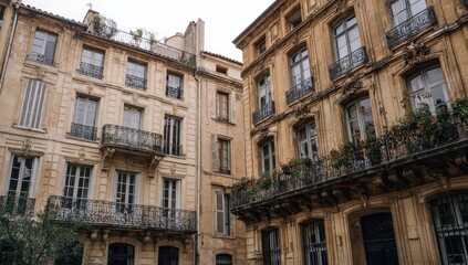 Fototapeta premium Facade of buildings in Europe with trees, and greenery, for Real Estate, travel