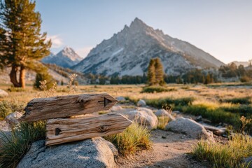 Scenic Trail Signage in Majestic Mountain Landscape during Sunrise with Lush Greenery and Clear Sky, Perfect for Adventure and Nature Enthusiasts