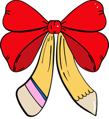 school supplies element, school pencil with bow for classroom decoration. doodle line, vector file.
