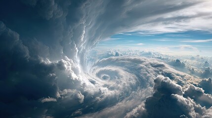 Naklejka premium Aerial view of massive swirling storm cloud system displaying powerful hurricane vortex over ocean