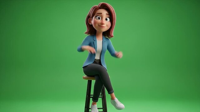 animated 3d cartoon woman character gesturing on stool