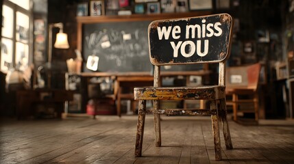 Missing you message on chair in vintage classroom evokes nostalgia and sentimentality, perfect for farewell cards