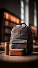Student essentials backpack, water bottle and lunchbox ready for school in library setting, back to college