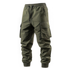 A pair of olive green cargo trousers with multiple pockets and a drawstring waistband are displayed isolated on transparent background