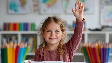 Charming young student enthusiastically raises her hand in a bright classroom ready to learn