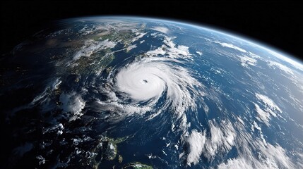 Massive hurricane spinning over Earth's blue oceans and clouds typhoon