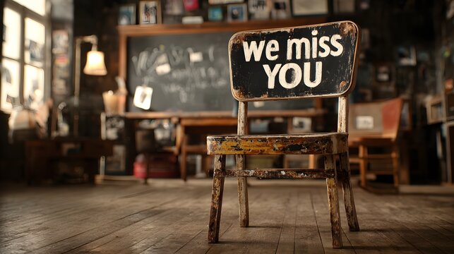 Missing you message on chair in vintage classroom evokes nostalgia and sentimentality, perfect for farewell cards