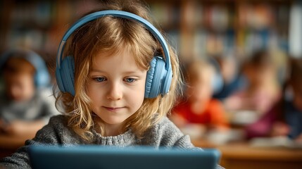 Focused young student with headphones learning online using tablet in classroom full of other kids
