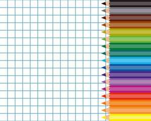 17 colorful pencils vertical row on squared paper sheet, social media back to school post template, new academic year or semester poster mockup, education flat style vector frame