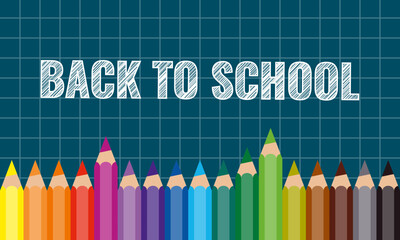 back to school social media post template, colorful pencils horizontal row on blue chequered paper sheet, new academic year or semester poster mockup