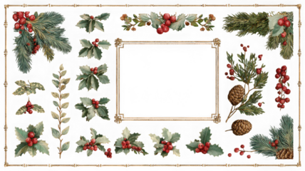 A vintage christmas frame with holly berries and pine branches for festive holiday greetings isolated on transparent background