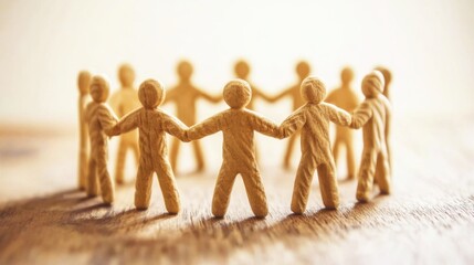 Small wooden figures standing in a circle holding hands symbolizing unity, teamwork, and community connection indoors