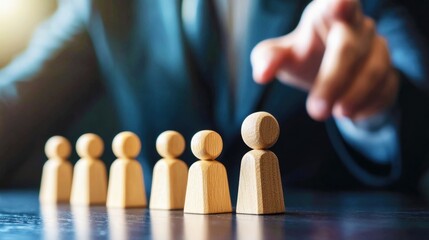 Wooden figurines in a row with a person pointing, representing leadership, guidance, and decision-making in a corporate environment