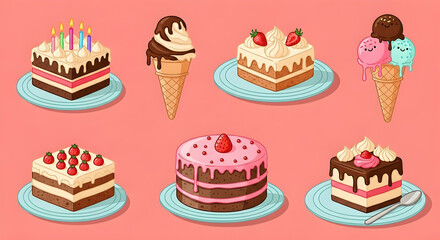 Delicious desserts collection perfect for celebrations, birthdays or sweet treats craving in vibrant cartoon style illustration, ideal for menus and food blogs
