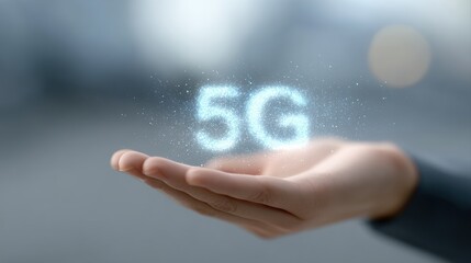 Futuristic Hand Holding Glowing 5G Symbol in Modern Technology Background with Bokeh Effect