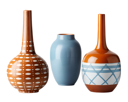 Three modern minimalist vases one blue vase with a white pattern, two terracotta colored vessels, on a transparent background - Powered by Adobe