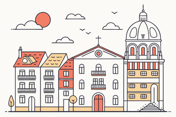 Naklejka premium Vector art of detailed line art illustration of a charming european town with colorful buildings and a prominent church