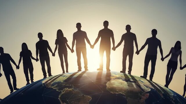 Silhouette of diverse people holding hands on a globe symbolizing unity connection and global community with a bright sky background ideal for illustrating human relationships and teamwork
