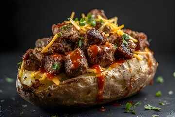 baked potato topped with steak bites, cheese and bbq sauce