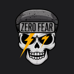 A stylized skull with a beanie and sunglasses featuring lightning bolts in the eye sockets and the text zero fear representing courage and defiance against fear