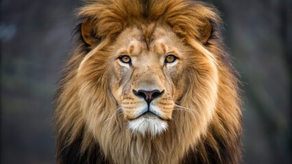 Fototapeta premium A majestic lion with a golden mane staring directly at the viewer in a close up portrait shot image