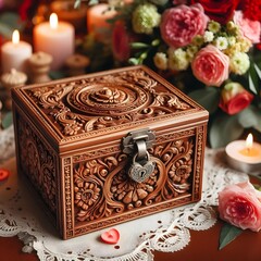 Wooden Box with Handmade Pakistani Floral Carvings and Antique Lock.
