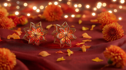Golden star lanterns glowing against red silk, with scattered chrysanthemum petals for a festive touch.
