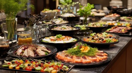 Fototapeta premium Exquisite Gourmet Food Display with Fresh Ingredients, Colorful Salads, and Succulent Meats in Elegant Banquet Setting for Culinary Enthusiasts