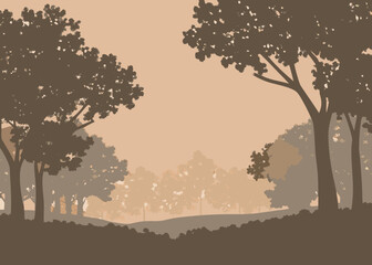Obraz premium Serene forest scene with warm, muted tones and dappled light filtering through trees