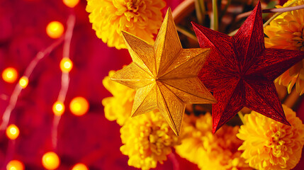 Obraz premium Golden star lanterns glowing against red silk, with scattered chrysanthemum petals for a festive touch.