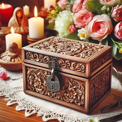 Wooden Box Featuring Intricate Traditional Pakistani Engraving, Surrounded by Candles.