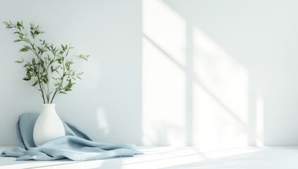 White vase with flowers on a blue cloth against a white wall with sunlight.