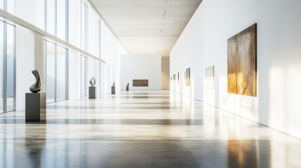 Fototapeta premium A runway in a modern art gallery, with abstract sculptures placed along the sides.
