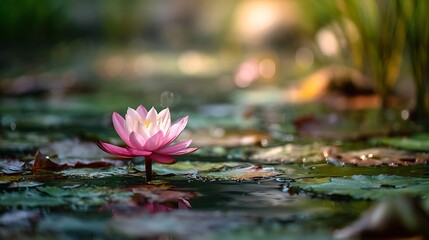 Pink Water Lily Blossom Floating on Pond Serene Nature Scene