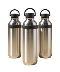 Three stainless steel reusable water bottles with black handles and lids, ideal for sports, outdoor activities, travel, and everyday hydration needs